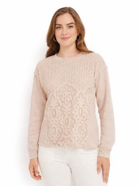 2/$25➡️Maurices Cream Lace Overlay Drop-Shoulder Crewneck Sweatshirt – Large GUC
